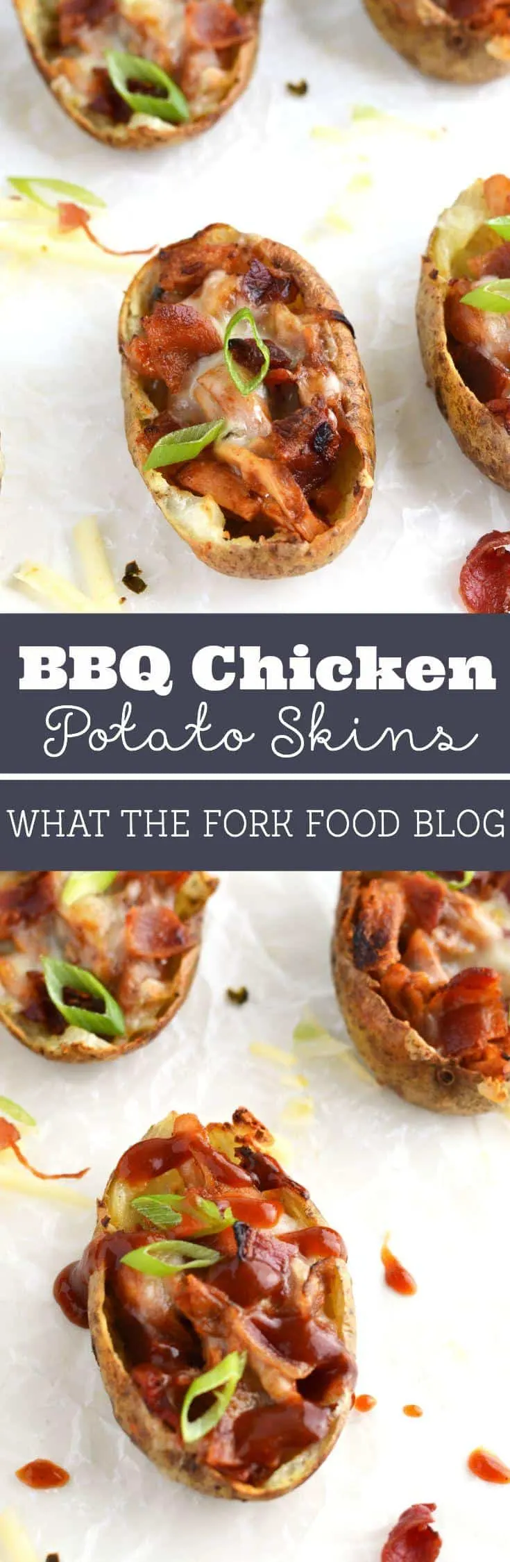 BBQ Chicken Potato Skins from What The Fork Food Blog. Crispy potato skins stuffed with smoky bbq chicken and topped with pepper jack cheese, bacon and scallions. | @WhatTheForkBlog | whattheforkfoodblog.com