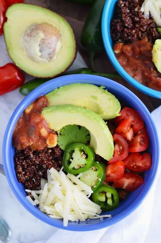 Gluten Free Beef and Quinoa Taco Bowls from What The Fork Food Blog. These healthy taco bowls are an easy and tasty weeknight dinner. They’re also great for meal prepping. | whattheforkfoodblog.com