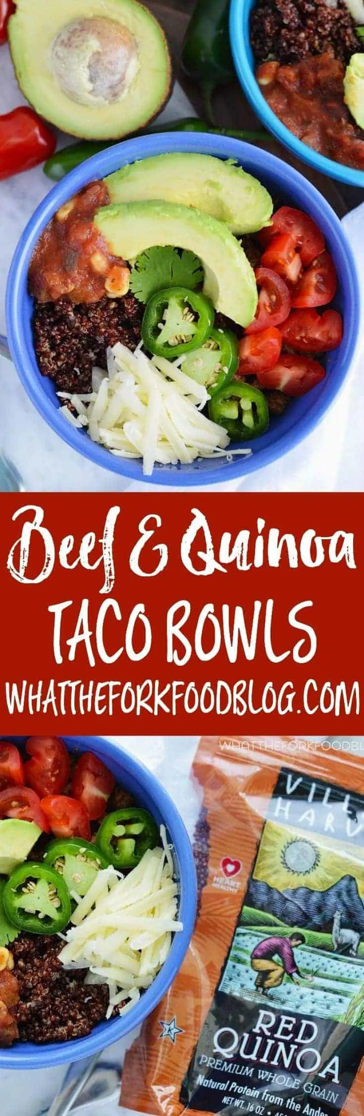 Gluten Free Beef and Quinoa Taco Bowls from What The Fork Food Blog. These healthy taco bowls are an easy and tasty weeknight dinner. They’re also great for meal prepping. | whattheforkfoodblog.com