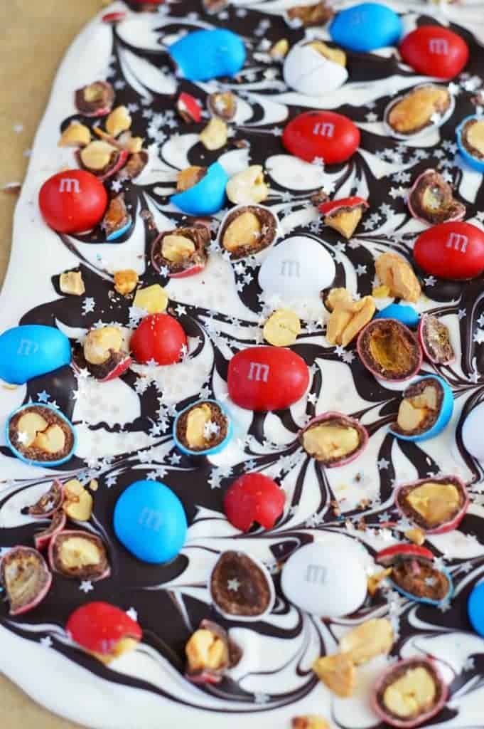 Easy Patriotic Bark with Peanut M&M's from What The Fork Food Blog. Perfect for Memorial Day or 4th of July. | whattheforkfoodblog.com