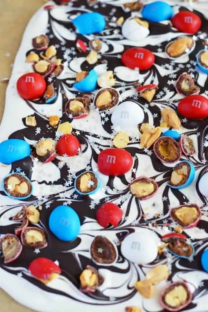 Easy Patriotic Bark with Peanut M&M's from What The Fork Food Blog. Perfect for Memorial Day or 4th of July. | whattheforkfoodblog.com