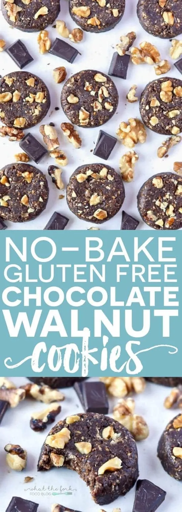 Super easy no-bake Gluten Free Chocolate Walnut Cookies (dairy free + naturally sweetened). Recipe from @whattheforkblog | whattheforkfoodblog.com