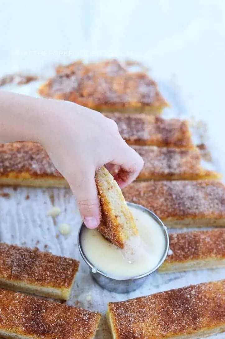 Gluten Free Cinnamon Sticks with cream cheese icing for dipping (dairy free). Recipe from @whattheforkblog | whattheforkfoodblog.com