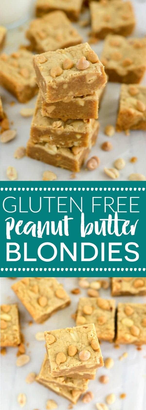 Gluten Free Peanut Butter Blondies (with dairy free option) packed full of flavor from peanuts 3 ways. Recipe from @whattheforkblog | whattheforkfoodblog.com | Sponsored by Naturally More