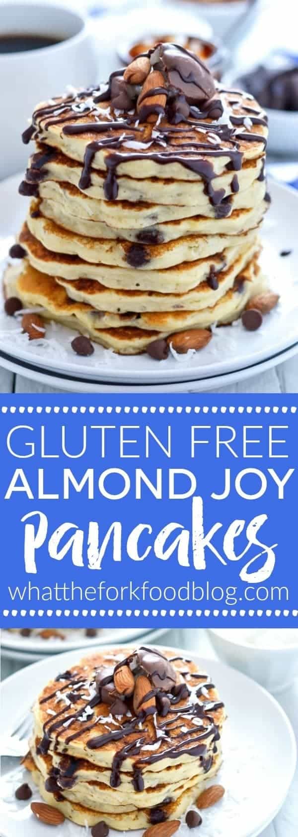 Gluten Free Almond Joy Pancakes - your favorite candy bar flavors (coconut, chocolate, and almond) in pancake form. Perfect for breakfast, brunch, or dinner. Recipe from @whattheforkblog | whattheforkfoodblog.com | Sponsored by Pamela's