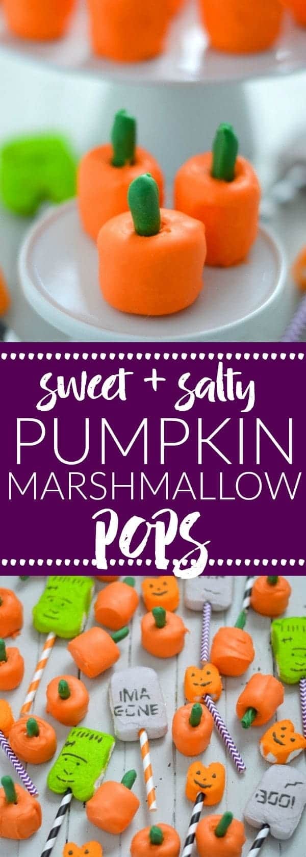 Sweet and Salty Pumpkin Marshmallow Pops are perfect for Halloween or Thanksgiving. Made with just 3 ingredients! Recipe from @whattheforkblog | whattheforkfoodblog.com