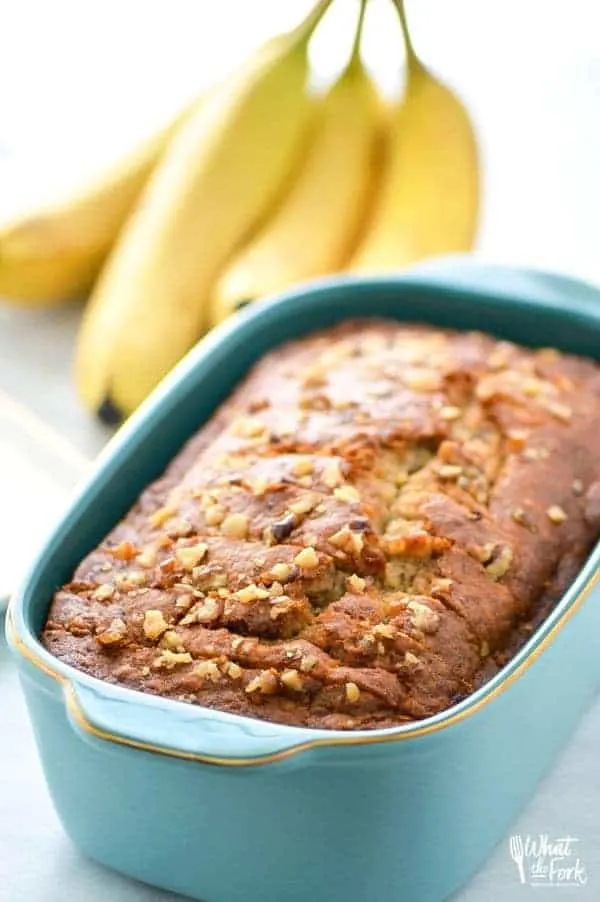 Up close view of a freshly baked gluten free banana bread from scratch