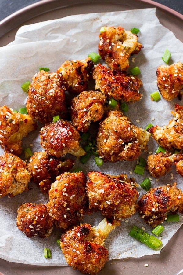 Sticky spicy sesame cauliflower wings (vegetarian) plus MORE gluten free snacks and gluten free game day appetizers | @whattheforkblog | whattheforkfoodblog | game day food | party food | gluten free appetizers | gluten free snacks | finger foods and dips | party snacks | party food