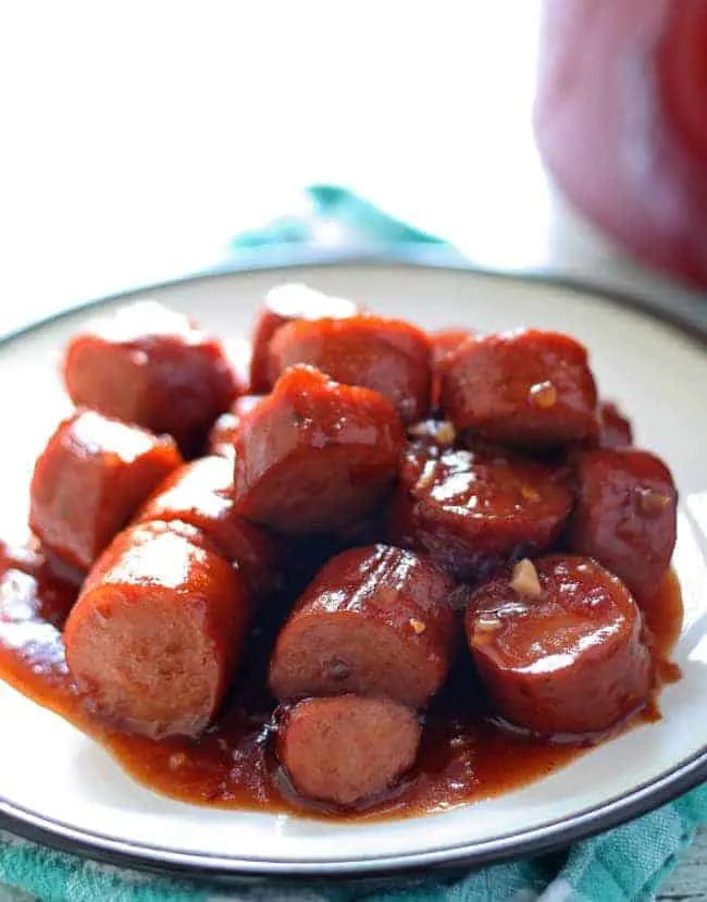 Slow Cooker Sweet Spicy Sausage plus MORE gluten free snacks and gluten free game day appetizers | @whattheforkblog | whattheforkfoodblog | game day food | party food | gluten free appetizers | gluten free snacks | finger foods and dips | party snacks | party food