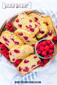This sweet and simple Gluten Free Raspberry Quick bread is one of 75 quick bread recipes from The Gluten Free Quick Breads Cookbook. This loaf makes the most out of fresh raspberries. It’s sweet enough for dessert but is great for breakfast with coffee and tea or afternoon snacking. It's dairy free too! Gluten Free baking recipe from @whattheforkblog - visit whattheforkfoodblog.com for more! #glutenfree #quickbread #raspberry
