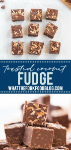 Simple Toasted Coconut Fudge made with just 5 ingredients! This stove-top fudge is made with sweetened condensed milk and doesn’t require a candy thermometer. It’s so easy to make and tastes amazing! It’s the perfect no-bake dessert recipe for coconut lovers. This fudge recipe is naturally gluten free and celiac safe. No-bake desserts from @whattheforkfoodblog.com - visit whattheforkfoodblog.com for more gluten free dessert recipes.