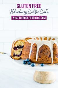 This blueberry coffee cake is one of my favorite ways to eat fresh blueberries! It’s a sour cream based coffee cake layered with cinnamon coated blueberries and it tastes out of this world amazing! Top it off with a quick cinnamon glaze or leave it plain. This coffee cake is perfect for brunch, pot lucks, parties, or dessert! Easy gluten free recipe from @whattheforkblog - visit whattheforkfoodblog.com for more gluten free baking recipes. #glutenfree #blueberry #coffeecake #cake #blueberryrecipes #baking