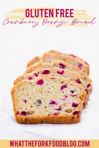 Gluten Free Cranberry Bread is the perfect holiday loaf! It’s got a dairy-free option too! It’s full of flavor thanks to orange zest and extract and fresh cranberries and can be made with dried cranberries. This gluten free quick bread is easy and simple to make. You’d never know it was gluten free! It’s great for gifting too and can be made as four mini loaves. Gluten free bread recipe from @whattheforkblog - visit whattheforkfoodblog.com for more! #glutenfree #quickbread #glutenfreebread