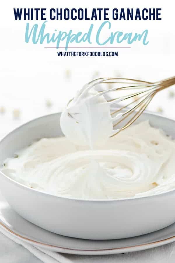 Sweet and creamy two ingredient white chocolate ganache whipped cream is light and airy but holds its shape well. Can be refrigerated for up to a week. Perfect for frosting cakes and cupcakes! Only TWO INGREDIENTS needed! Be sure to read the post for important tips. Recipe from @whattheforkblog | whattheforkfoodblog.com | stabilized whipped cream | dessert recipes | gluten free desserts | no-bake desserts #glutenfree #easyrecipes #recipes #whitechocolate #whippedcream #nobake