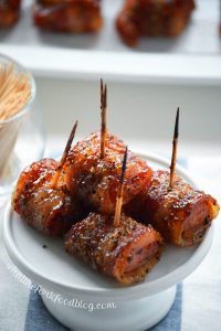 Bacon Wrapped Kielbasa Bites with Brown Sugar Glaze from What The Fork Food Blog
