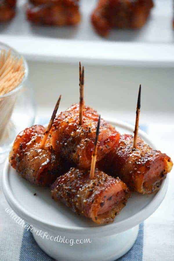 Bacon Wrapped Kielbasa Bites with Brown Sugar Glaze from @whattheforkblog | whattheforkfoodblog.com | #kielbasa #partyfood #appetizer #brunch #bacon | appetizers | party food | recipes for brunch | gluten free recipes | recipes with bacon | recipes with kielbasa | #glutenfree