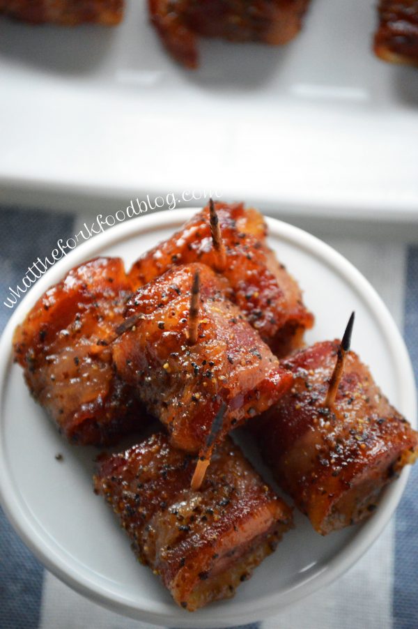 Bacon Wrapped Kielbasa Bites with Brown Sugar Glaze from @whattheforkblog | whattheforkfoodblog.com | #kielbasa #partyfood #appetizer #brunch #bacon | appetizers | party food | recipes for brunch | gluten free recipes | recipes with bacon | recipes with kielbasa | #glutenfree