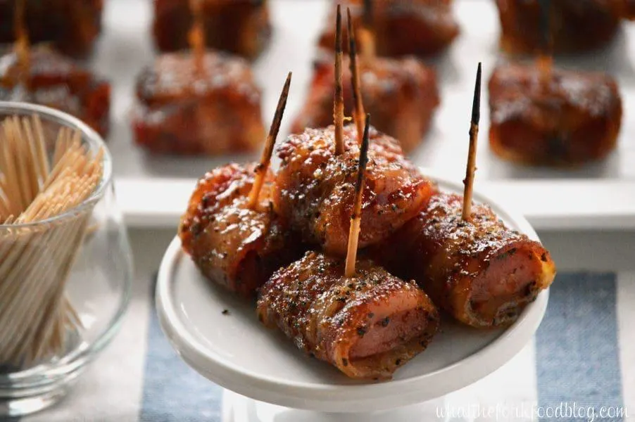 Bacon Wrapped Kielbasa Bites with Brown Sugar Glaze from What The Fork Food Blog