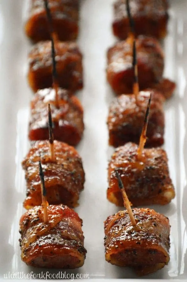 Bacon Wrapped Kielbasa Bites with Brown Sugar Glaze from @whattheforkblog | whattheforkfoodblog.com | #kielbasa #partyfood #appetizer #brunch #bacon | appetizers | party food | recipes for brunch | gluten free recipes | recipes with bacon | recipes with kielbasa | #glutenfree