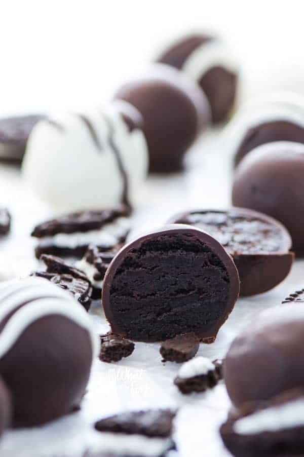 Gluten Free Oreo Truffles cut in half.