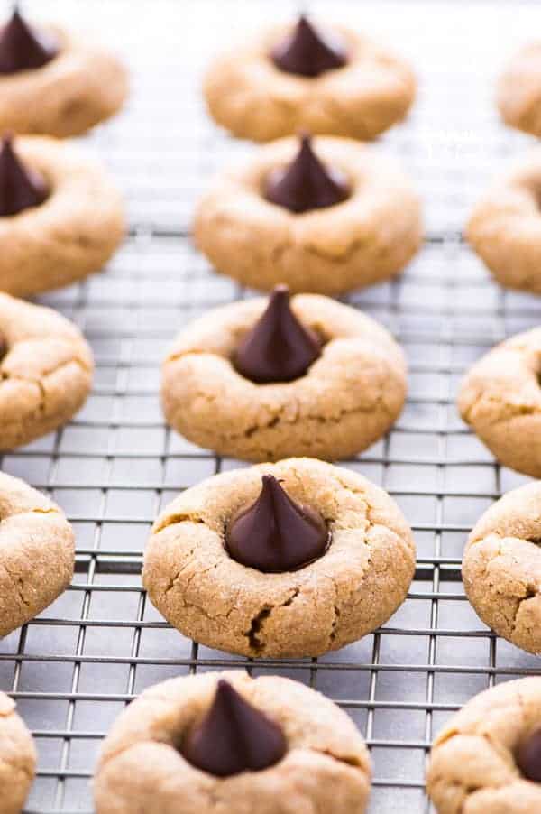 These gluten free peanut butter blossoms are a staple dessert during the Christmas season and are everyone’s favorite cookie! They’re easy to make and perfect for gifting! Recipe from @whattheforkblog | whattheforkfoodblog.com | gluten free cookie recipes | homemade food gifts | peanut butter cookies | easy gluten free dessert recipes | homemade cookies | #peanutbutter #chocolate #baking #cookierecipes #christmascookies #glutenfree #glutenfreecookies #glutenfreebaking #glutenfreerecipes