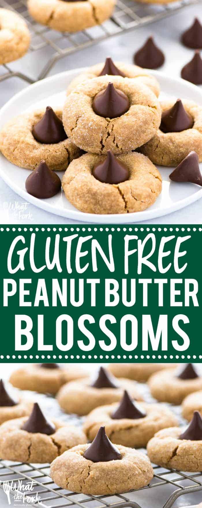 These gluten free peanut butter blossoms are a staple dessert during the Christmas season and are everyone’s favorite cookie! They’re easy to make and perfect for gifting! Recipe from @whattheforkblog | whattheforkfoodblog.com | gluten free cookie recipes | homemade food gifts | peanut butter cookies | easy gluten free dessert recipes | homemade cookies | #peanutbutter #chocolate #baking #cookierecipes #christmascookies #glutenfree #glutenfreecookies #glutenfreebaking #glutenfreerecipes