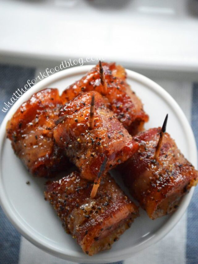 Bacon Wrapped Kielbasa Bites with Brown Sugar Glaze Story What the Fork