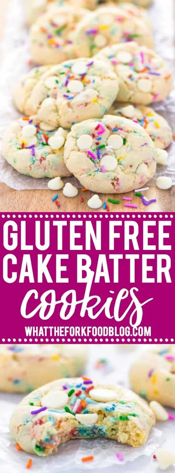 Super easy gluten free cake batter cookies! No chilling time required! Filled with white chocolate chips and loaded with sprinkles, these cookies are crave-worthy! Gluten free cookie recipe from @whattheforkblog | whattheforkfoodblog.com | homemade gluten free cookies | gluten free funfetti cookies | #sprinkles #cookies #funfetti #glutenfree #easyrecipes