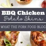 BBQ Chicken Potato Skins from What The Fork Food Blog. Crispy potato skins stuffed with smoky bbq chicken and topped with pepper jack cheese, bacon and scallions. | @WhatTheForkBlog | whattheforkfoodblog.com