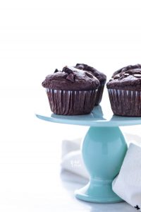 gluten free Bakery Style Double Chocolate Chip Muffins displayed on a blue cake stand