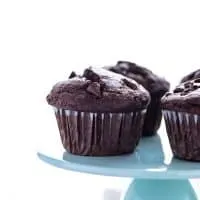 Gluten Free Bakery Style Double Chocolate Chip Muffins displayed on a blue cake stand