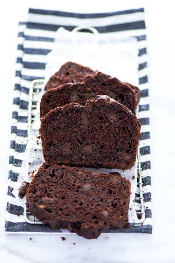 Gluten Free Double Chocolate Zucchini Bread sliced and ready to be served.