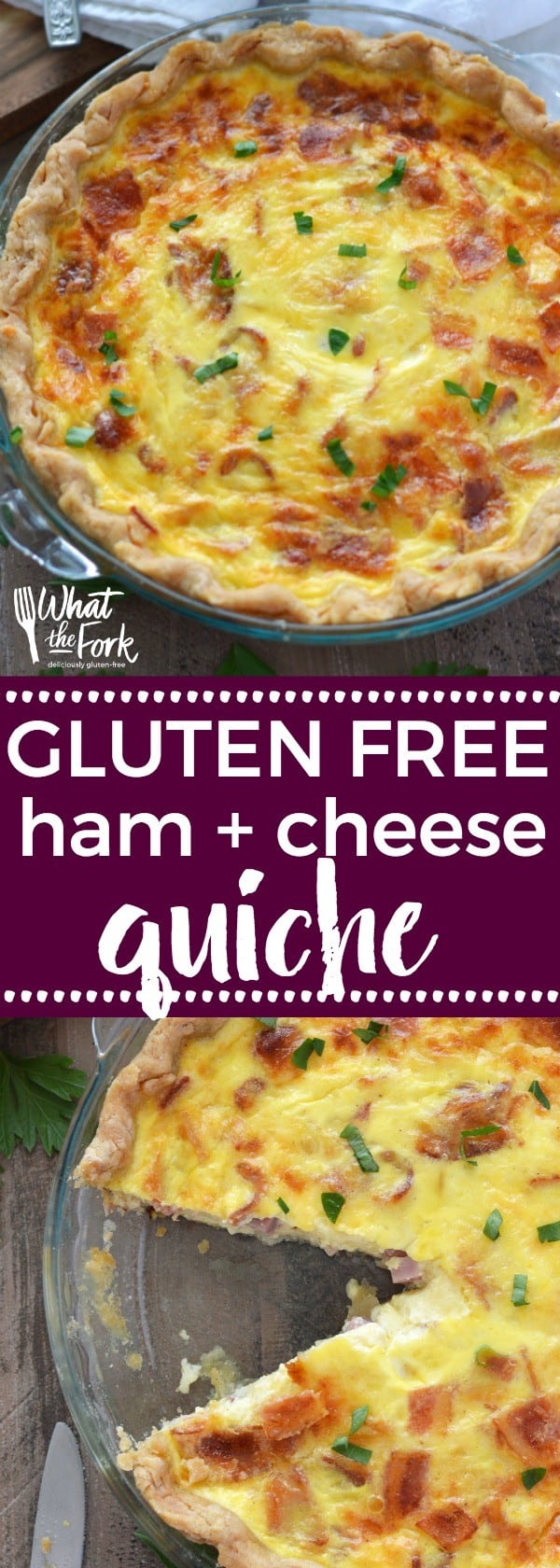 Gluten Free Ham and Cheese Quiche is perfect for breakfast, brunch, or dinner. Easy quiche recipe from @WhatTheForkBlog | whattheforkfoodblog.com | gluten free breakfast recipes | gluten free brunch recipes | quiche recipes | ham and cheese recipes | how to make quiche | what to put in quiche | ham cheese breakfast quiche | gluten free quiche | quiche with gluten free crust | popular quiche recipes | best quiche recipes | quiche with ham and cheese |