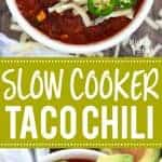 This healthy Slow Cooker Taco Chili makes a great meal any night of the week! It’s super easy to prep and can also be a great freezer meal to add to the rotation. The cooked chili also freezes well! Easy slow cooker dinner recipe from @whattheforkblog | whattheforkfoodblog.com | recipes with ground beef | slow cooker chili recipes | easy dinner recipes | weeknight dinner ideas | slow cooker meal ideas | freezer meal prep
