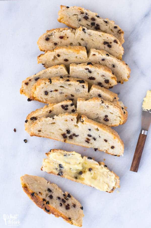 Sliced and buttered pieces of gluten free Irish Soda Bread