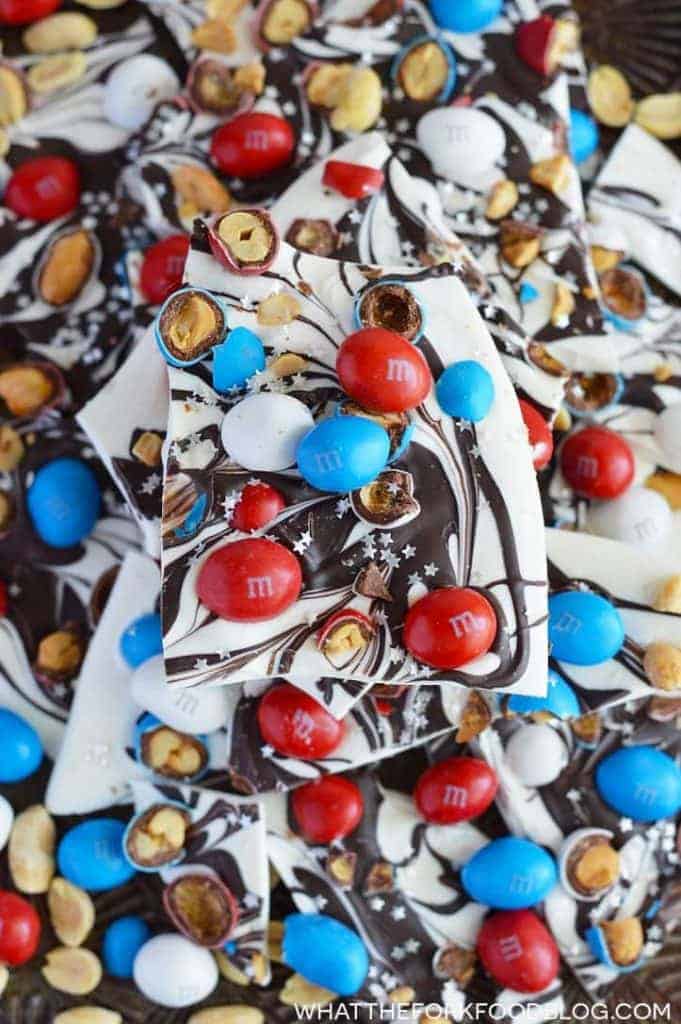 Easy Patriotic Bark with Peanut M&M's from What The Fork Food Blog. Perfect for Memorial Day or 4th of July. | whattheforkfoodblog.com