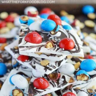 Easy Patriotic Bark with Peanut M&M's from What The Fork Food Blog. Perfect for Memorial Day or 4th of July. | whattheforkfoodblog.com