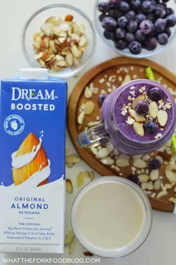 Blueberry Almond Oatmeal Smoothies (gluten free, dairy free, high protein) from What The Fork Food Blog | whattheforkfoodblog.com | Sponsored by Dream