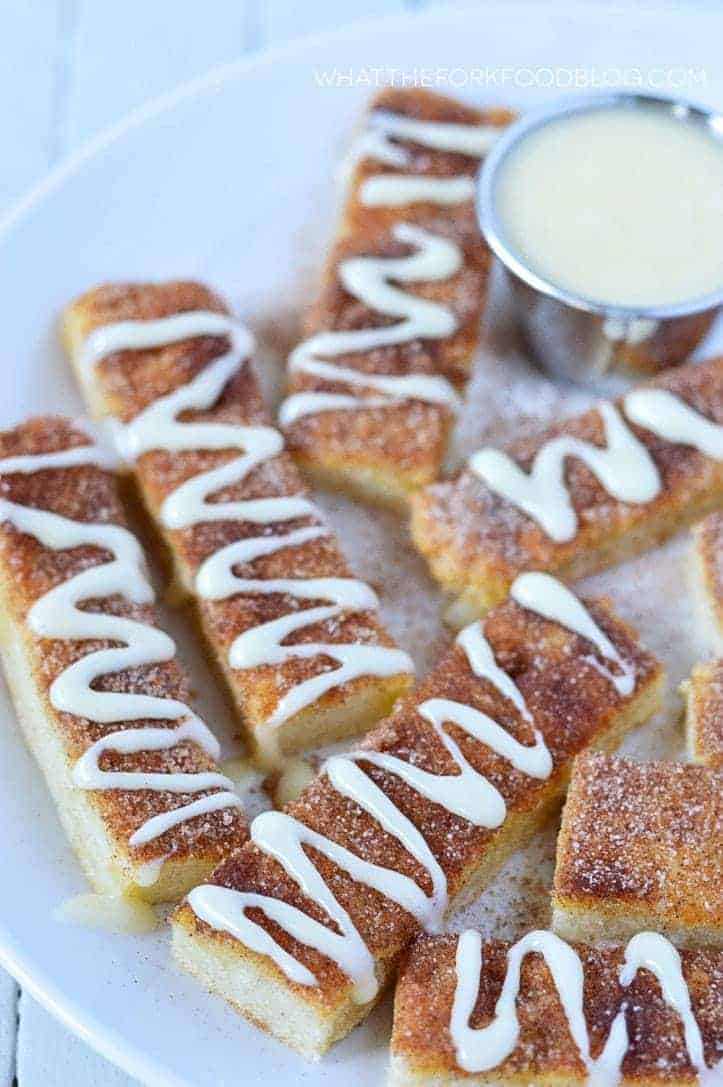 Gluten Free Cinnamon Sticks with cream cheese dipping sauce (dairy free). Recipe from @whattheforkblog | whattheforkfoodblog.com