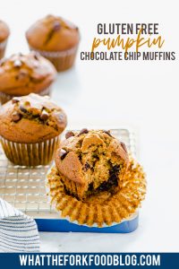 Gluten free Pumpkin Chocolate Chip Muffins make the perfect Fall breakfast. Full of pumpkin flavor and warm spices, these muffins pair nicely with a cup of coffee or hot tea. You can make them ahead and freeze for quick weekday breakfasts or make them for lazy Saturday breakfasts or Sunday brunch. Gluten Free Muffins recipe from @whattheforkblog - visit whattheforkfoodblog.com for more! #glutenfree #breakfast #muffins #glutenfreemuffins #pumpkin #pumpkinmuffins #pumpkinrecipes #chocolatechip