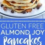 Gluten Free Almond Joy Pancakes - your favorite candy bar flavors (coconut, chocolate, and almond) in pancake form. Perfect for breakfast, brunch, or dinner. Recipe from @whattheforkblog | whattheforkfoodblog.com | Sponsored by Pamela's