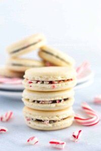 Gorgeous Macarons flavored for Christmas! These peppermint macarons are made with a basic macaron shell and filled with peppermint chocolate ganache and crushed candy canes - they’re heavenly! Gluten free and dairy free macaron recipe from @whattheforkblog | whattheforkfoodblog.com | Sponsored | how to make macarons | easy macaron recipe | french macarons | macaroon | french macaron filling | french macaron flavors | macaron recipe flavors