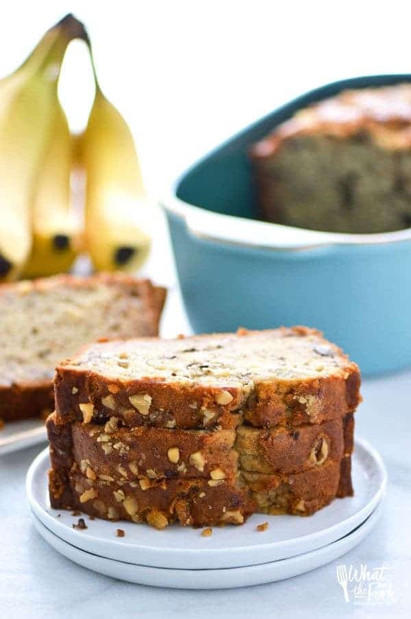 A stack of 3 slices of freshly baked banana bread gluten free