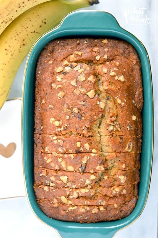 GF banana bread up close in a bread pan