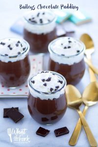 Easy recipe for Baileys Chocolate Pudding (egg free). This no-bake dessert is perfect for St. Patrick's Day. Gluten free dessert recipe from @whattheforkblog | whattheforkfoodblog.com | St. Patrick's Day recipes | easy dessert recipes | chocolate recipes | recipes with Baileys Irish Cream