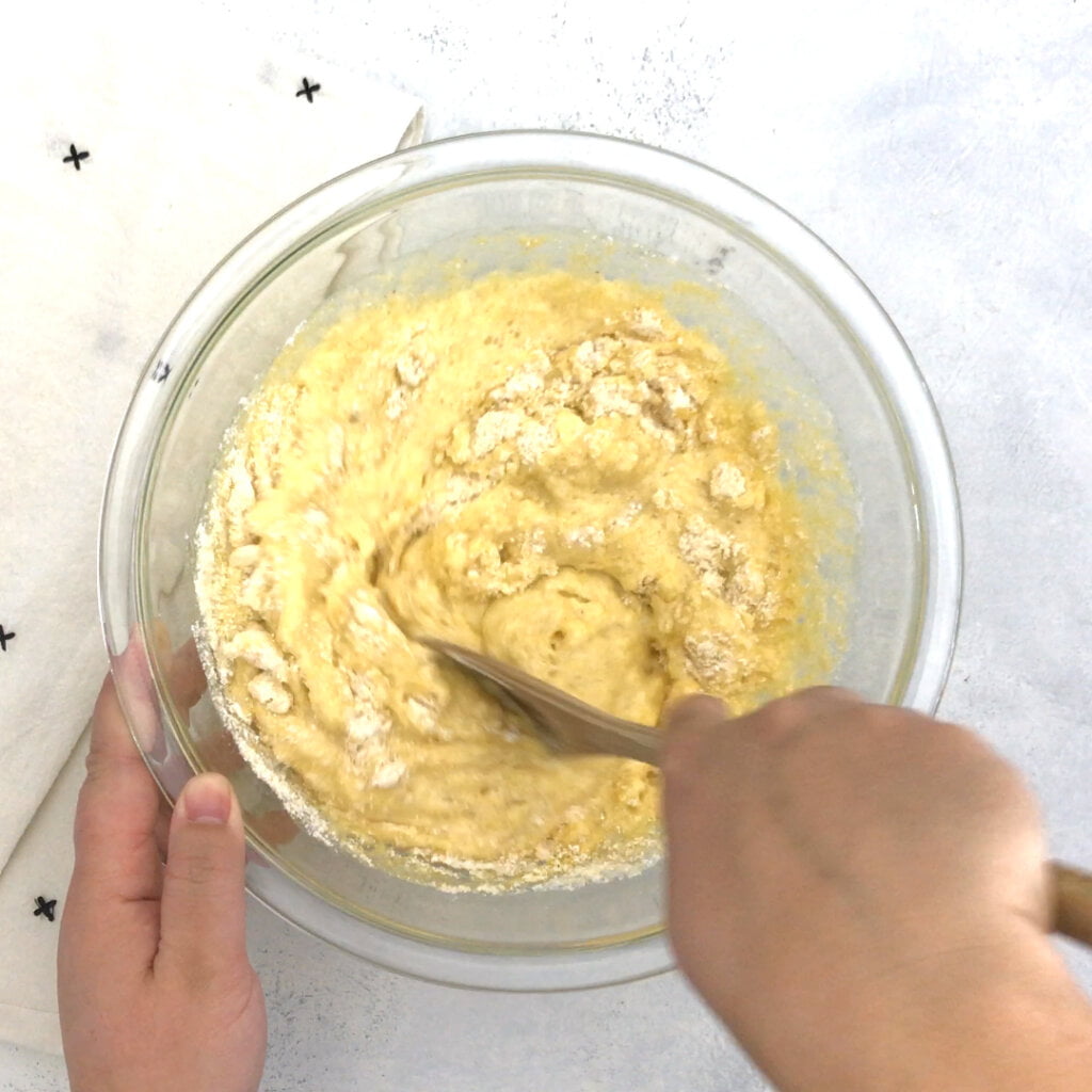 Pour the wet ingredients into a the dry ingredients and mix until incorporated.