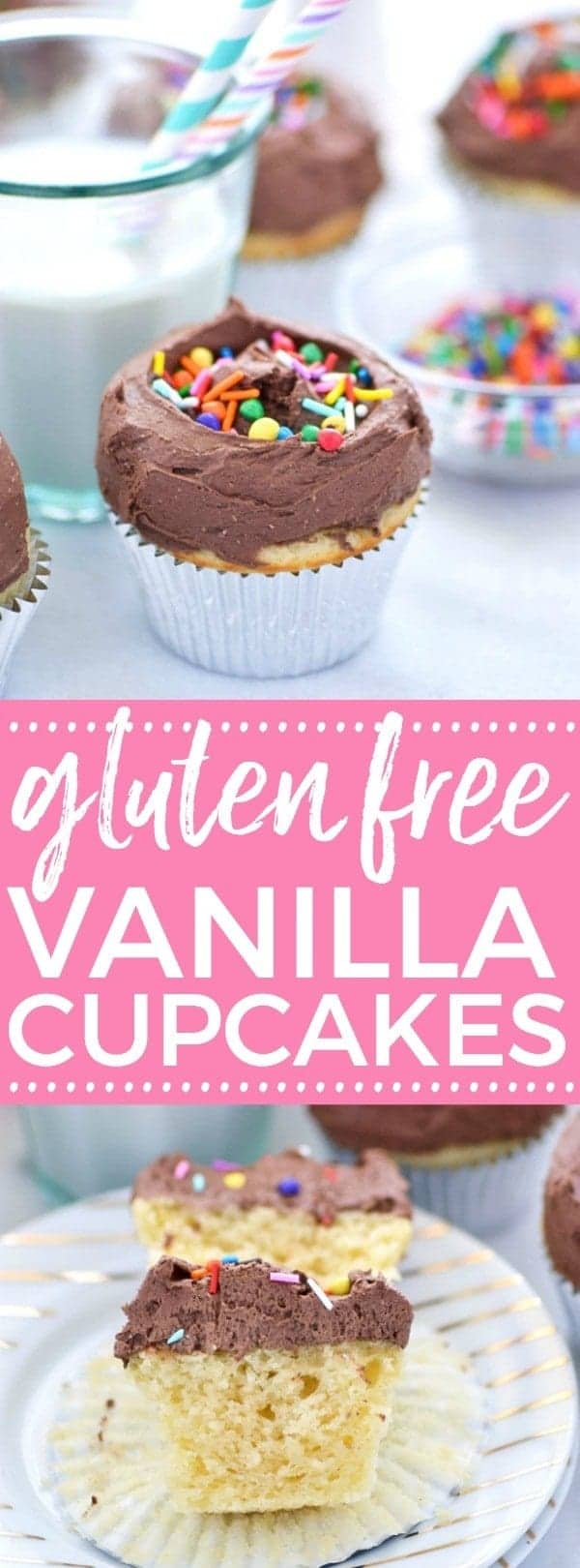 Super moist and insanely delicious gluten free vanilla cupcakes. These are perfect for a party! Easy dessert recipe from @whattheforkblog | whattheforkfoodblog.com | gluten free desserts | easy cupcake recipes | yellow cupcakes with chocolate frosting | birthday cakes | cupcakes from scratch | easy homemade cupcake recipes | dairy free option