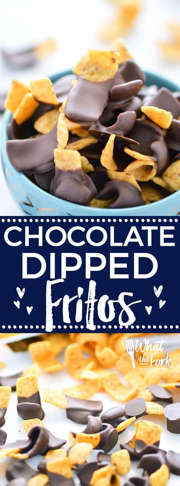 Chocolate Dipped Fritos (aka Fritos Jets) are a delicious salty-sweet snack! They're great for parties! Easy recipe from @whattheforkblog | whattheforkfoodblog.com | gluten free snacks | appetizers | chocolate covered | sweet and salty | chips | Sponsored by Frito Lay | snack foods | easy snacks | no-bake recipes