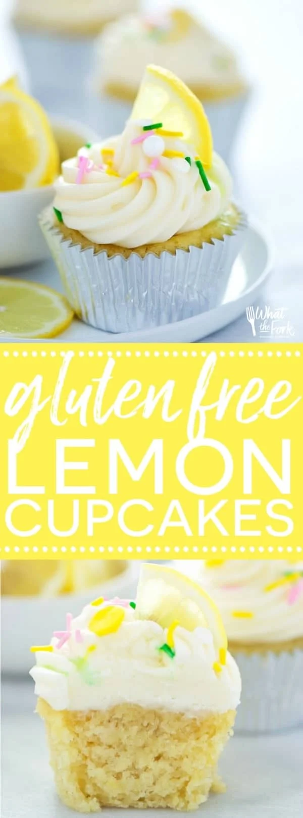 Gluten Free Lemon Cupcakes with Cream Cheese Frosting - these are full of lemon flavor with the perfect cake texture! Recipe from @whattheforkblog | whattheforkfoodblog | gluten free cupcakes | gluten free desserts | gluten free baking | gluten free cake recipes | birthday cake ideas | cupcake recipes | lemon desserts