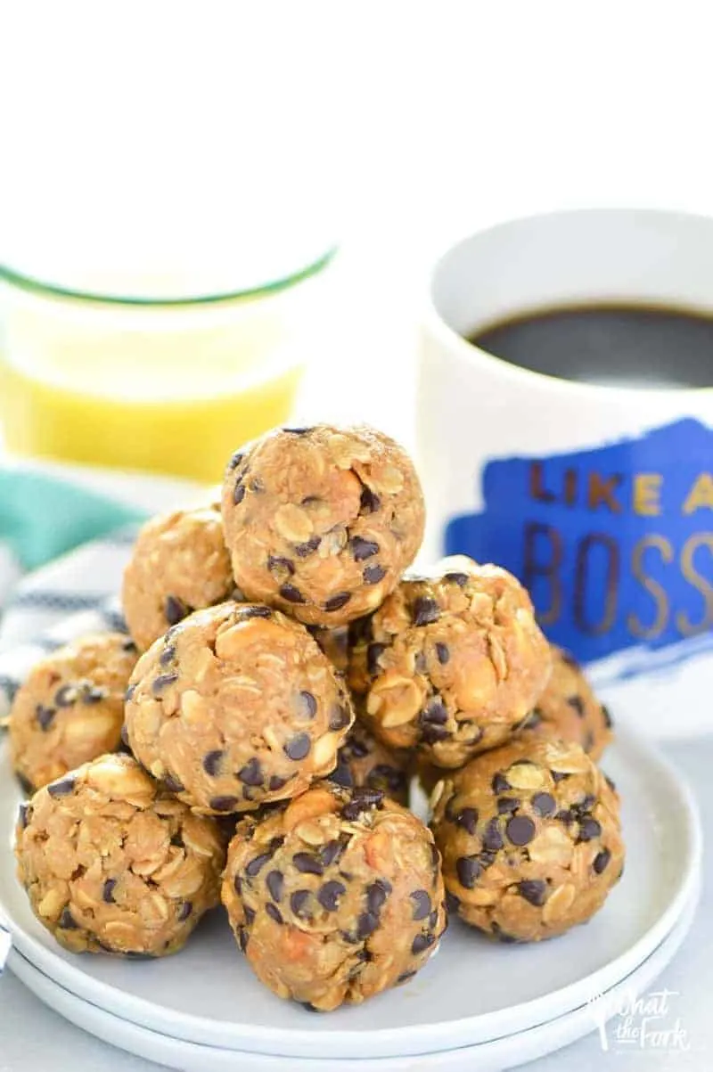 No-Bake Chocolate Chip Breakfast Balls - great for quick breakfasts for busy mornings and great for snacking! From the Easy Gluten Free cookbook. | @whattheforkblog | whattheforkfoodblog.com | gluten free breakfast recipes | gluten free snacks | no-bake recipes | energy bites | easy snack recipes | after-school snacks | peanut butter recipes | peanut butter balls | easy gluten free recipes | gluten free snack recipes